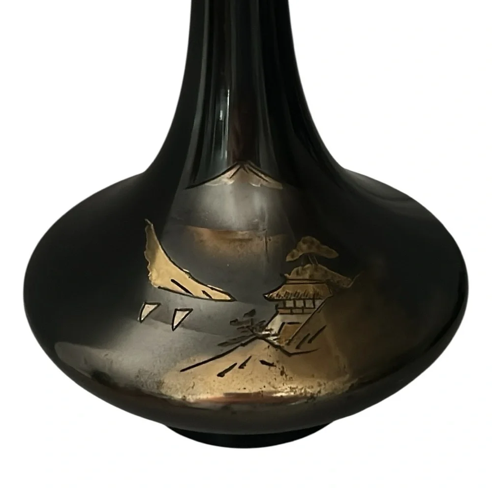 VINTAGE JAPANESE MIXED METAL / BRONZE COLOR  ETCHED VASE, PAGODA, Mount Fuji‎